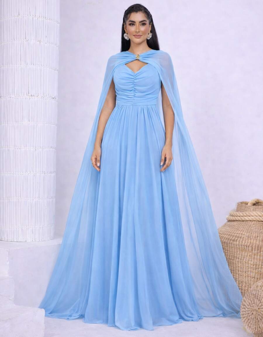 Women's Long Party Dress With Slit, Cape Sleeves, Gathered Bust And Brooch, Solid Color, Elegant, For New Year's Eve, Wedding, Bridesmaid, Graduation. - 寧靜藍 - 查看 1
