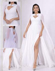 Women's Long Party Dress With Slit, Cape Sleeves, Gathered Bust And Brooch, Solid Color, Elegant, For New Year's Eve, Wedding, Bridesmaid, Graduation. - 白色 - 查看 5