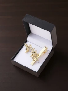 3pcs Men's Fashion Jewelry Set - Gold Laser Checkered Tie Clip & Cufflinks, French Shirt Cufflinks, Business/Formal Wear, Wedding, Groomsmen, Nautical Vintage Design Copper Alloy Cufflinks & Tie Clip Set, Gift Box - Three Piece Set - View 13