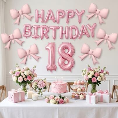 22 piezas Pancarta de cumpleaños de 16 pulgadas con perlas de color rosa y moño rosa, set de decoración de globos para fiesta de cumpleaños 18