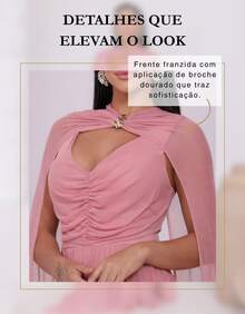 Women's Long Party Dress With Slit, Cape Sleeves, Gathered Bust And Brooch, Solid Color, Elegant, For New Year's Eve, Wedding, Bridesmaid, Graduation. - 乾枯玫瑰色 - 查看 4