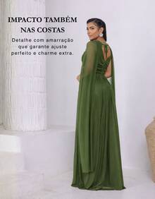 Women's Long Party Dress With Slit, Cape Sleeves, Gathered Bust And Brooch, Solid Color, Elegant, For New Year's Eve, Wedding, Bridesmaid, Graduation. - 橄欖綠 - 查看 7