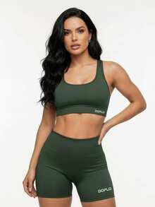 Kit Of 2: Top And Shorts Set, High-Waisted Shaping Gym Fashion For Women - 黑色/軍綠色 - 查看 3