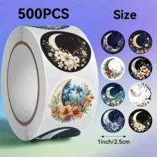 JOERBABU the little kangaroo Bobbie 500张1英寸星星、月亮和花卉图案贴纸卷，波西米亚风格DIY装饰标签，适用于厨房、食品包装、储物密封 - 彩色 - 查看 1