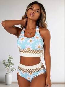 New Women's Macaron Color Daisy Checkerboard Sports Swimsuit Two-Piece Set - Màu xanh nhạt - Xem 4
