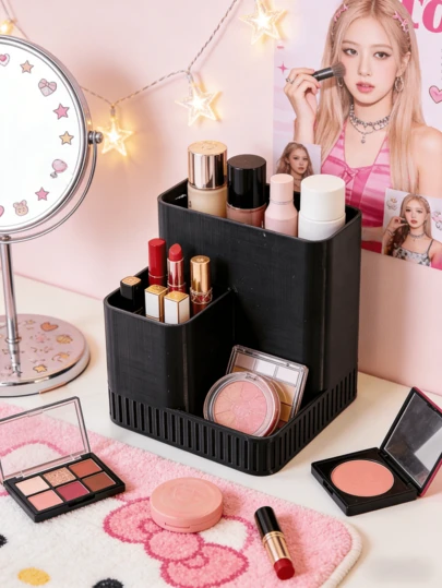 1 hộp đựng đồ nhiều tầng màu đen tối giản, hộp đựng đồ dùng văn phòng phẩm/mỹ phẩm để bàn, kệ để bàn học sinh/nhân viên văn phòng.