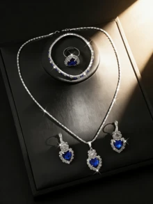 Bộ trang sức 5 món dành cho nữ: Dây chuyền đá sapphire hình trái tim, bông tai, nhẫn, vòng tay, trang sức cưới và dạ hội cao cấp. - Bộ trái tim - Xem 7