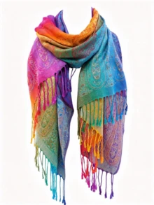 1 pieza Bufanda de cachemira con flecos de jacquard arcoíris para mujer, chal grande, para playa, vacaciones - Multicolor - Ver 3