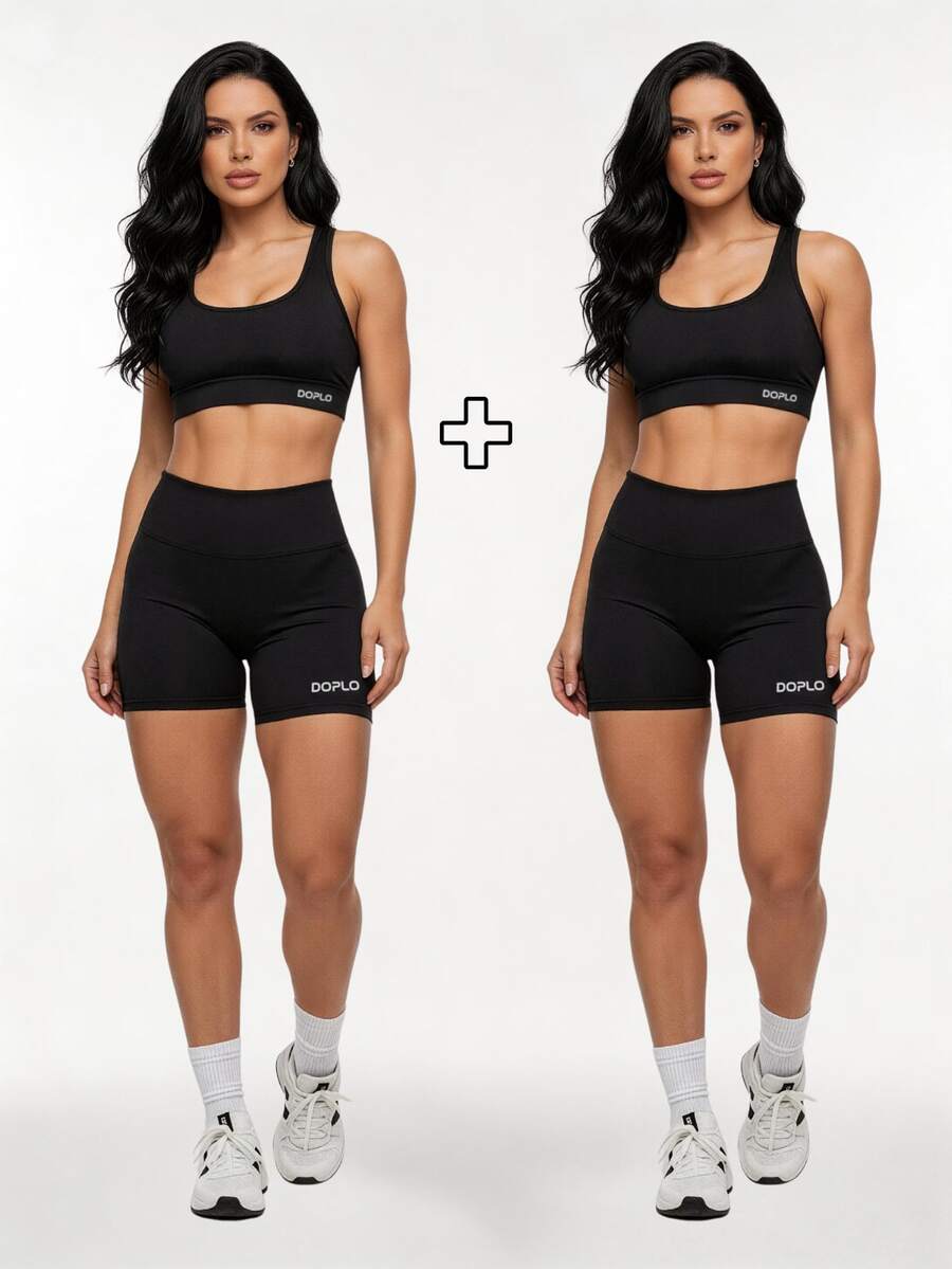 Kit Of 2: Top And Shorts Set, High-Waisted Shaping Gym Fashion For Women - 黑色/黑色 - 查看 1