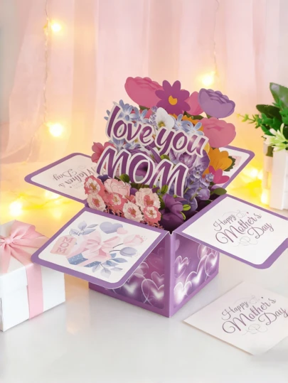 1pc 3D Pop-Up Mother's Day Greeting Card With A Purple Flower Bouquet With Envelope - Vibrant Floral Design, Heartfelt Message And Creative Gift For Mom Or Elderly Women, Mother's Day Gift | Elegant Calligraphy | Laser Cut Details, Excellent Gifts For Mom On Mother's Day.Ideal For Valentine's Day