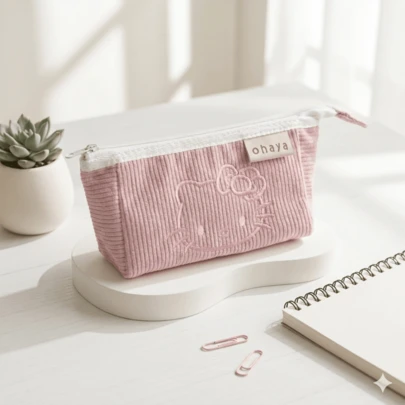 SANRIO Licensed Series Bestseller Cosmetic Bag, Cute Girly Corduroy Pencil Case, Large Capacity Student Desk Stationery Storage Bag With Adorable Kitty Cat Design