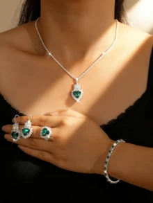 Bộ trang sức 5 món dành cho nữ: Dây chuyền đá sapphire hình trái tim, bông tai, nhẫn, vòng tay, trang sức cưới và dạ hội cao cấp. - Bộ trái tim - Xem 8