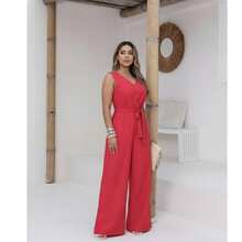 Women's Roman Jumpsuit, Wide Leg, Tie Detail, Elegant, Chic, Simple - 紅色 - 查看 8