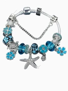 1件欧美时尚创意女士夏季海洋风手链，新款蓝色珐琅花朵、海星、海龟吊坠手链 - 藍色 - 查看 3