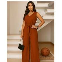 Women's Roman Jumpsuit, Wide Leg, Tie Detail, Elegant, Chic, Simple - 駝色 - 查看 7