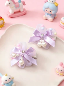 2pcs/Set Ethereal Purple Pearl Bow Side Clip, Sweet Headwear Hair Clip - Purple - View 3