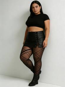 女士系带格纹条纹紧身裤 - 束腰后背格纹设计，弹力十足，时尚前卫，适合音乐节、街头风和约会之夜穿着。 - 黑色 - 查看 5