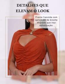 Women's Long Party Dress With Slit, Cape Sleeves, Gathered Bust And Brooch, Solid Color, Elegant, For New Year's Eve, Wedding, Bridesmaid, Graduation. - 紅陶 - 查看 4