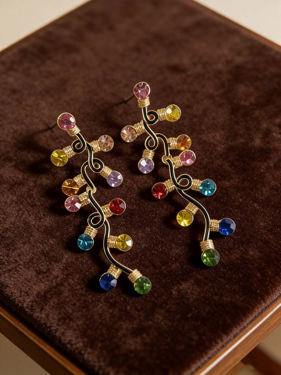 1对彩色水晶吊坠耳环，女士多巴胺色藤蔓耳环，适合婚礼/派对/度假佩戴，周年纪念日/母亲节/情人节/圣诞节的贴心礼物 - 彩色的 - 查看 1