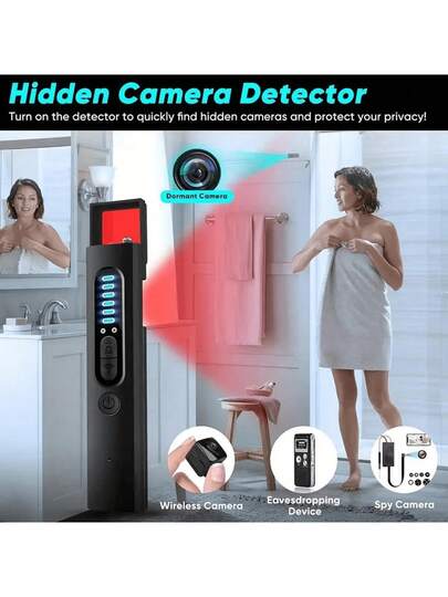 1个专业隐藏摄像头探测器，便携式隐私设备，反间谍GPS追踪器扫描器，具有6级灵敏度调节功能，4种扫描模式（AIS/AV/拍照/防窥功能），电池续航时间72小时，可通过USB-C接口充电，适用于酒店和旅游住宿房间的安防领域 | 高灵敏度探测器 | 时尚黑色设计。