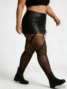 女士系带格纹条纹紧身裤 - 束腰后背格纹设计，弹力十足，时尚前卫，适合音乐节、街头风和约会之夜穿着。 - 黑色 - 查看 4