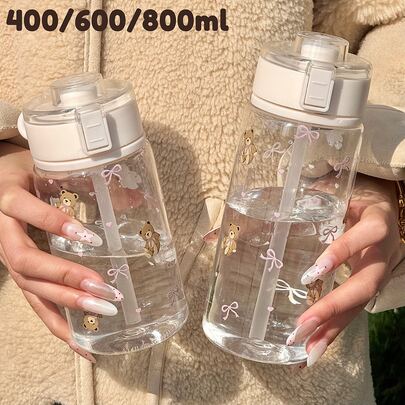 Taza de plástico con estampado de oso lindo - 400ml, 600ml, 800ml | Con asa y tapa abatible | Ideal para beber agua, jugo, bebidas frías en verano | Regalo perfecto para el Día de la Madre, San Valentín, Navidad, Acción de Gracias, Cumpleaños, Vuelta al Colegio