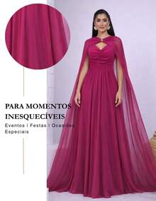 Women's Long Party Dress With Slit, Cape Sleeves, Gathered Bust And Brooch, Solid Color, Elegant, For New Year's Eve, Wedding, Bridesmaid, Graduation. - 玫瑰紅 - 查看 7