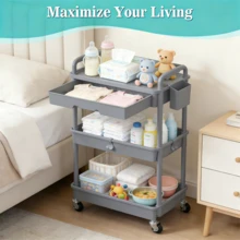3 Tier Rolling Cart With Drawer, Bathroom Storage Organizer With 2 Lockable Wheels, Multifunctional Rolling Storage Cart For Bathroom, Kitchen, Office, Craft, Makeup, Baby Essentials, White - 灰色的 - 查看 2