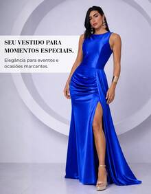 Women's Satin Formal Party Dress With Slit And Braided Gathered Detail, Suitable For Weddings, Bridesmaids, And Graduations. - 藍色 - 查看 7