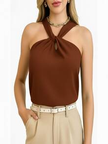Duna Women's Halter Top, Elegant Wrap Collar, Stylish Summer Tank Top - 鏽棕色 - 查看 1