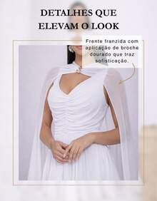 Women's Long Party Dress With Slit, Cape Sleeves, Gathered Bust And Brooch, Solid Color, Elegant, For New Year's Eve, Wedding, Bridesmaid, Graduation. - 白色 - 查看 4