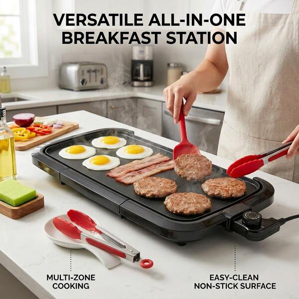 AORAN 1600W High‑Power Electric Griddle, Indoor & Outdoor Use, Non‑Stick Cooking Surface, Precise 5‑Level Temperature Control, Fast And Even Heating, Vertical Storage. Optional Set With Spatula And Food Tongs. Large Capacity Cooks Multiple Dishes At Once. Versatile For Breakfast, Pancakes, Fried Eggs, Grilled Meat, Steak And Stir‑Frying. Easy To Clean, Compact Space‑Saving Design. Ideal For Family Gatherings, Patio Barbecues, Weekend Brunches And Holiday Gifts.