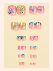 法式花卉亚克力脚趾甲 24 片装 短方形按压式脚趾甲，DIY 艺术彩色斑马纹 3D 假脚趾甲套装，饰以彩色水钻和金珠，适合女孩和女士 - 日常佩戴的美甲配件，也可用于节日派对装饰或作为礼物 - 彩色 - 查看 2