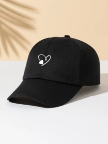1顶白色棒球帽，饰有两个心形图案，男女通用户外遮阳帽，日常必备单品 - 黑色 - 查看 2
