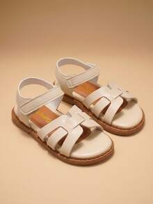Kids Girls Beige Open Toe Sandals, Hollow Strap Design Hook-And-Loop Casual Shoes, Non-Slip Wear-Resistant Sole, Comfortable Padded Insole, Minimalist Retro Style, Perfect For Summer, School, Parties, Casual Daily Wear & Outdoor Activities, Lovely Kids Footwear For Toddlers & Little Girls - 米色 - 查看 5