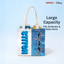 MINISO X Disney Stitch Multi-Expression Print Canvas Tote Bag, White & Blue Kawaii Reusable Shoulder Bag, Lilo & Stitch Themed Grocery Bag For Travel & Shopping - 1pc - 查看 2