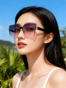 1 Pair Women's Fashion Decorative Glasses With Metal Rhinestone Trim, New European And American Style Metal Half-Frame Fashionable Glasses, Fashionable Rimless Flattering Glasses For Women, Suitable For Street Photography, Summer Beach Vacation, Outdoor Activities And Travel. - Dust On Top and Powder On Bottom - View 3