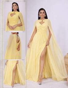 Women's Long Party Dress With Slit, Cape Sleeves, Gathered Bust And Brooch, Solid Color, Elegant, For New Year's Eve, Wedding, Bridesmaid, Graduation. - 黃色 - 查看 5