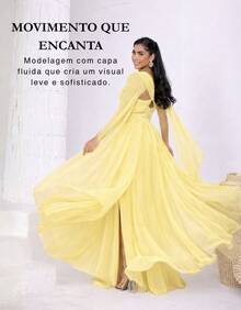 Women's Long Party Dress With Slit, Cape Sleeves, Gathered Bust And Brooch, Solid Color, Elegant, For New Year's Eve, Wedding, Bridesmaid, Graduation. - 黃色 - 查看 3