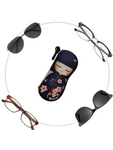 1个娃娃拉链眼镜盒，可爱日本女孩红色和服设计，氯丁橡胶防水眼镜袋，带钥匙扣，轻便便携旅行眼镜包，通用尺寸，适用于所有类型的眼镜 - 彩色 - 查看 6
