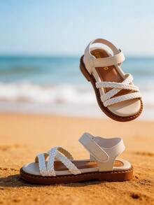 Kids Girls White Braided Crisscross Open Toe Sandals, Hook-And-Loop Ankle Strap Casual Shoes, Non-Slip Wear-Resistant Sole, Comfortable Padded Insole - White - View 10
