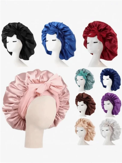 1 pieza Gorro de dormir de satén, Gorro de dormir de satén rosa lujoso y suave, Gorro de pelo con forro de satén, Gorro de dormir de seda de morera, Gorro de dormir de seda de satén lujoso con correa ajustable y decoración de lazo, Diseño plisado cómodo