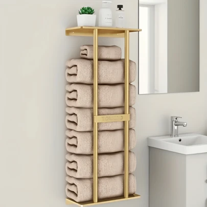 French Wall-Mounted Storage Rack, Space-Saving Bathroom Accessory, Holds Up To 6 Large Towels. Made Of Sturdy Iron With Storage Shelves, No Electricity Required. Suitable For Towels, Face Cloths And Bathrobes.