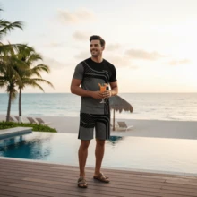 Camiseta De Tirantes Y Pantalones Cortos Con Estampado Para Hombres,Conjunto De Dos Piezas Para Hombre Un Look Casual De Verano - Negro - Ver 3