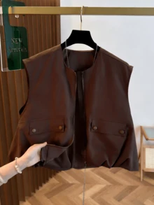 Áo vest siêu ngắn không tay dành cho nữ, màu trơn tươi mát mùa thu, vạt áo phồng, cổ tròn có khóa kéo, thời trang và đa năng, ôm sát cơ thể mùa hè. - Cà phê nâu - Xem 6