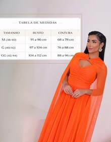 Women's Long Party Dress With Slit, Cape Sleeves, Gathered Bust And Brooch, Solid Color, Elegant, For New Year's Eve, Wedding, Bridesmaid, Graduation. - 橘色 - 查看 7