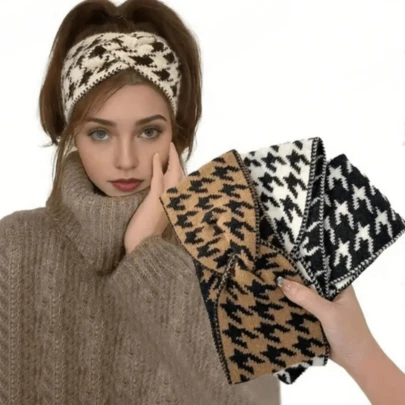 3条装混色千鸟格羊毛发带，时尚交叉宽针织运动发带，节日服装头饰