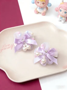 2pcs/Set Ethereal Purple Pearl Bow Side Clip, Sweet Headwear Hair Clip - Purple - View 2