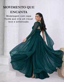 Women's Long Party Dress With Slit, Cape Sleeves, Gathered Bust And Brooch, Solid Color, Elegant, For New Year's Eve, Wedding, Bridesmaid, Graduation. - 墨綠色 - 查看 3