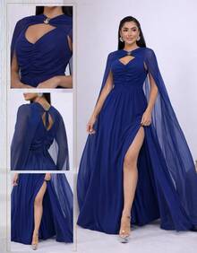 Women's Long Party Dress With Slit, Cape Sleeves, Gathered Bust And Brooch, Solid Color, Elegant, For New Year's Eve, Wedding, Bridesmaid, Graduation. - 藏蓝色 - 查看 5